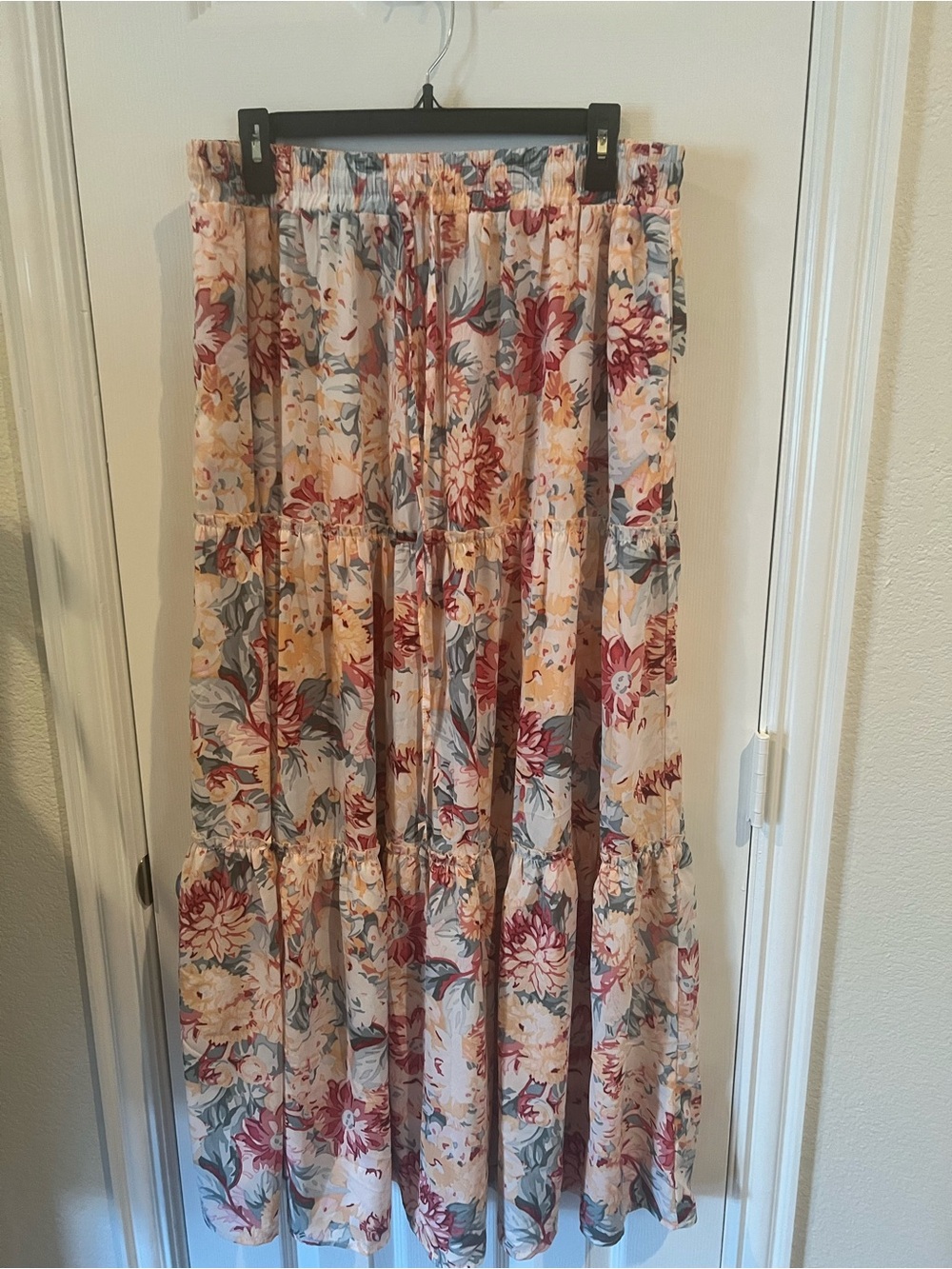 Floral Tiered Maxi Skirt - Cream with Burgundy wine  & Blue Floral Print